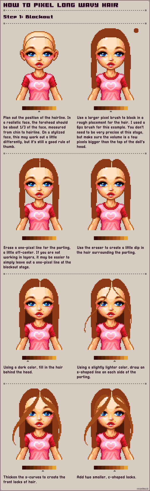 How to pixel long wavy hair step 1